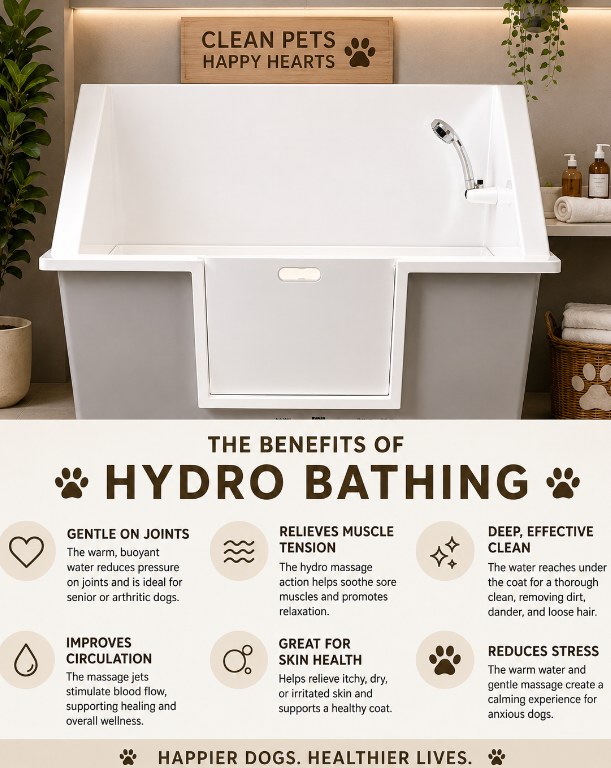 The benefits of hydro bathing: gentle on joints, relieves muscle tension, deep effective clean, improves circulation, great for skin health and reduces stress.